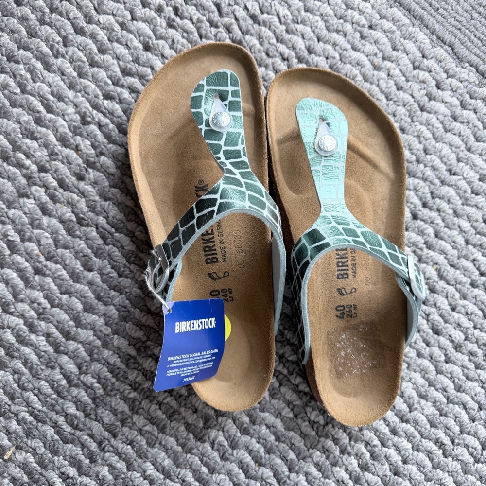Birkenstock Gizeh Sandals in Mint Green Croc-Embossed